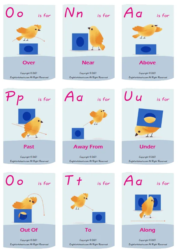 Prepositions vocabulary worksheet with words, nine images per page