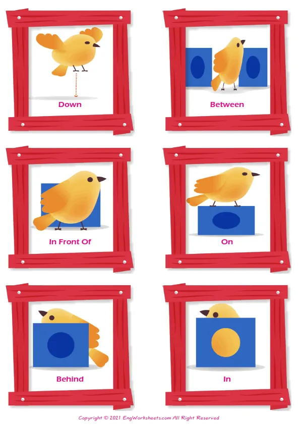 Prepositions vocabulary worksheet with words, six images per page Worksheet Preview