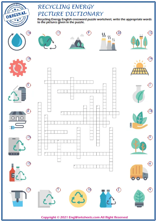 Recycling Energy English crossword puzzle worksheet, write the appropriate words to the pictures given in the puzzle. Worksheet Preview