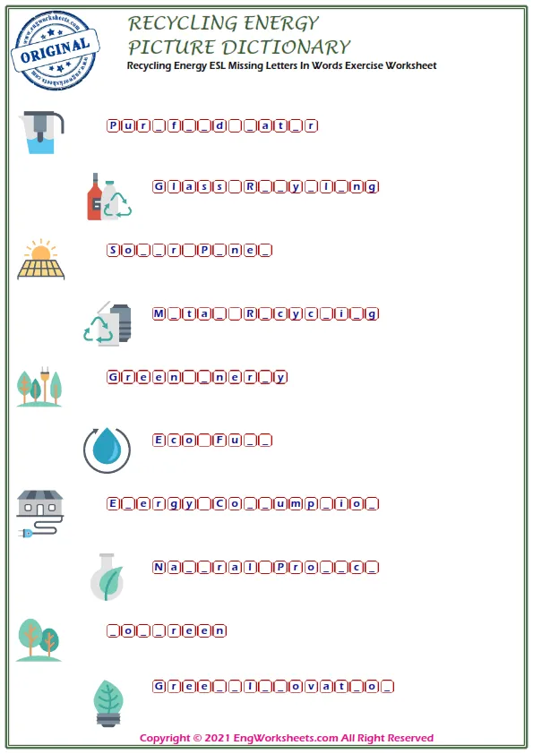 Recycling Energy ESL Missing Letters In Words Exercise Worksheet Worksheet Preview