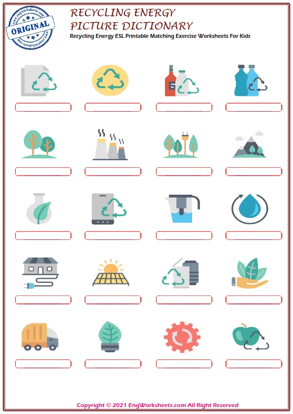Recycling Energy ESL Printable Matching Exercise Worksheets For Kids Worksheet Preview