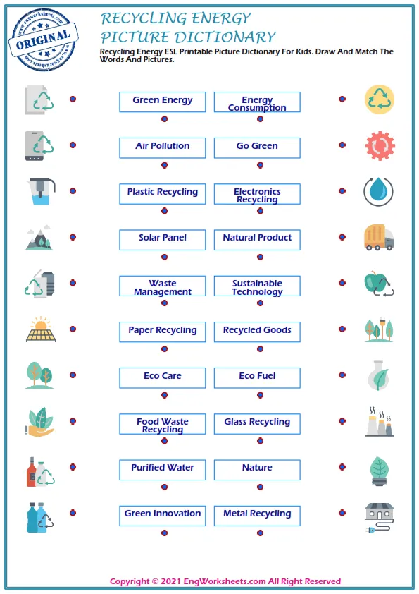 Recycling Energy ESL Printable Picture Dictionary For Kids. Draw And Match The Words And Pictures. Worksheet Preview
