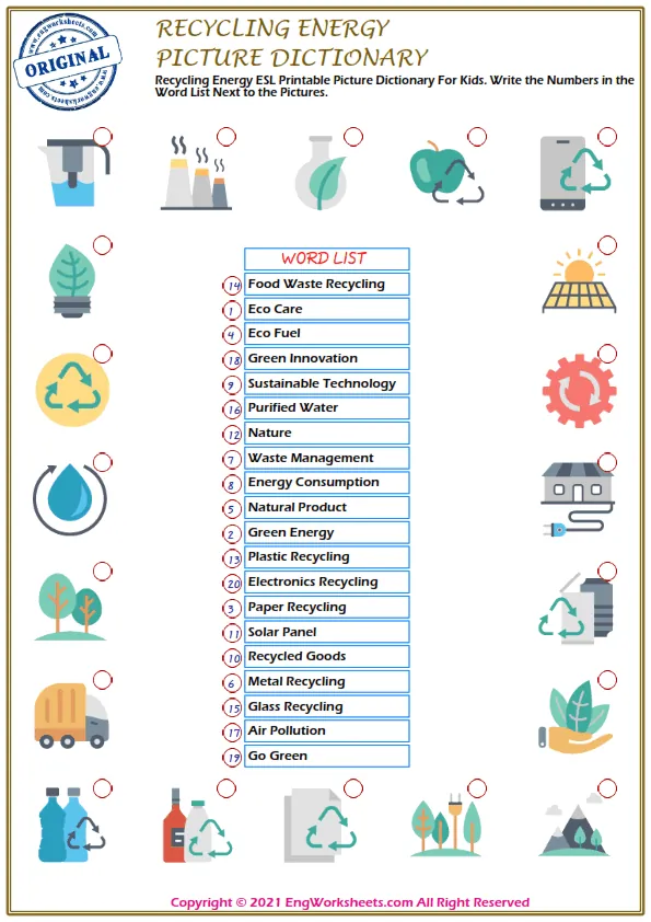 Recycling Energy ESL Printable Picture Dictionary For Kids. Write the Numbers in the Word List Next to the Pictures. Worksheet Preview