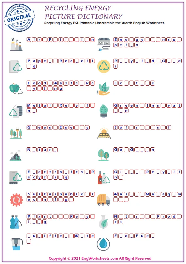 Recycling Energy ESL Printable Unscramble the Words English Worksheet. Worksheet Preview