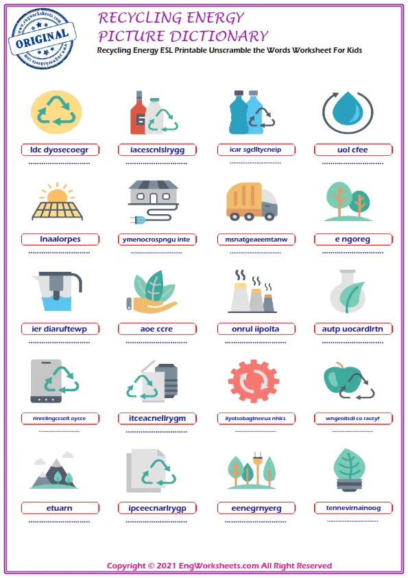 Recycling Energy ESL Printable Unscramble the Words Worksheet For Kids Worksheet Preview