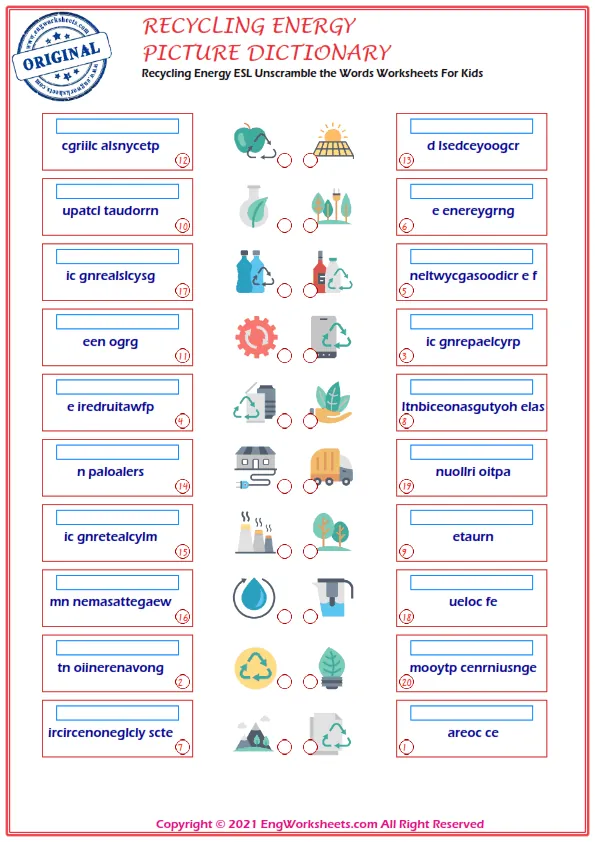Recycling Energy ESL Unscramble the Words Worksheets For Kids