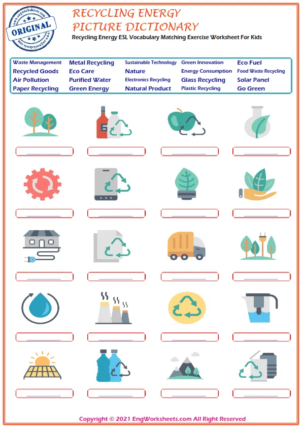 Recycling Energy ESL Vocabulary Matching Exercise Worksheet For Kids Worksheet Preview