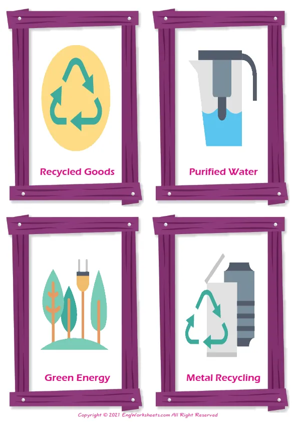 Recycling Energy vocabulary worksheet with words, four images per page Worksheet Preview