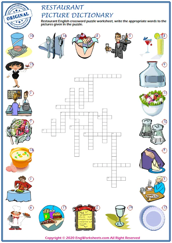 Restaurant English crossword puzzle worksheet, write the appropriate words to the pictures given in the puzzle. Worksheet Preview