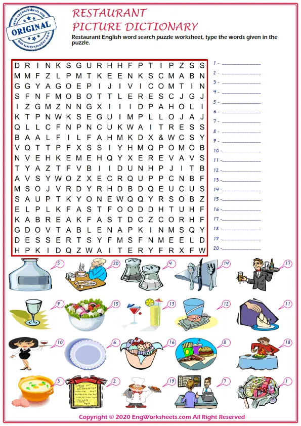 Restaurant English word search puzzle worksheet, type the words given in the puzzle. Worksheet Preview