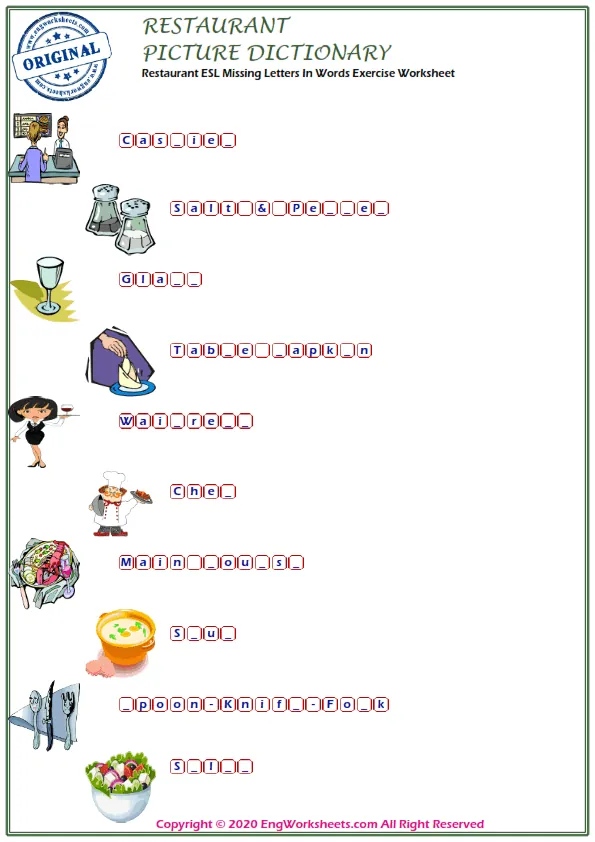 Restaurant ESL Missing Letters In Words Exercise Worksheet