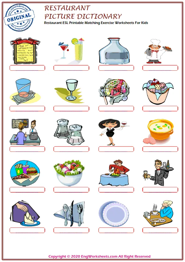 Restaurant ESL Printable Matching Exercise Worksheets For Kids Worksheet Preview