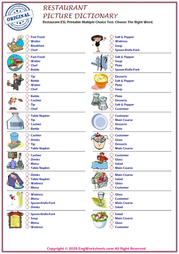 Restaurant ESL Printable Multiple Choice Test. Choose The Right Word. Worksheet Preview