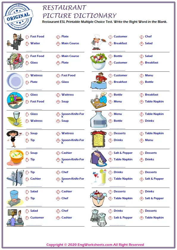 Restaurant ESL Printable Multiple Choice Test. Write the Right Word in the Blank. Worksheet Preview
