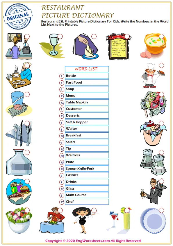Restaurant ESL Printable Picture Dictionary For Kids. Write the Numbers in the Word List Next to the Pictures.