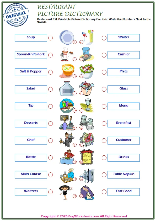 Restaurant ESL Printable Picture Dictionary For Kids. Write the Numbers Next to the Words. Worksheet Preview
