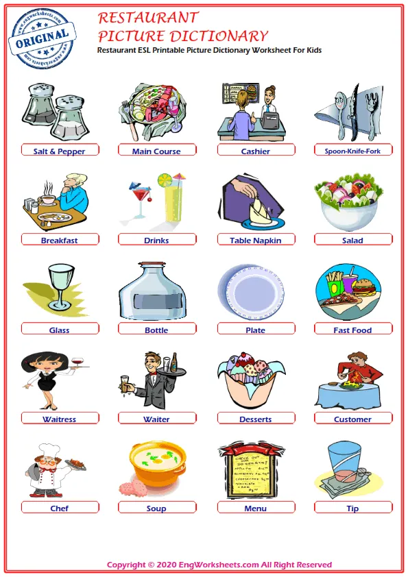 Restaurant ESL Printable Picture Dictionary Worksheet For Kids Worksheet Preview