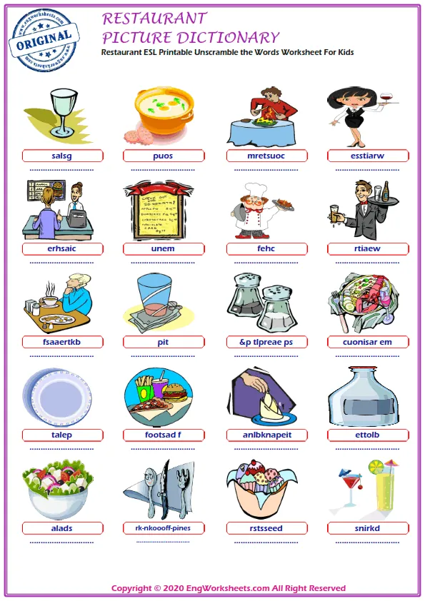 Restaurant ESL Printable Unscramble the Words Worksheet For Kids Worksheet Preview