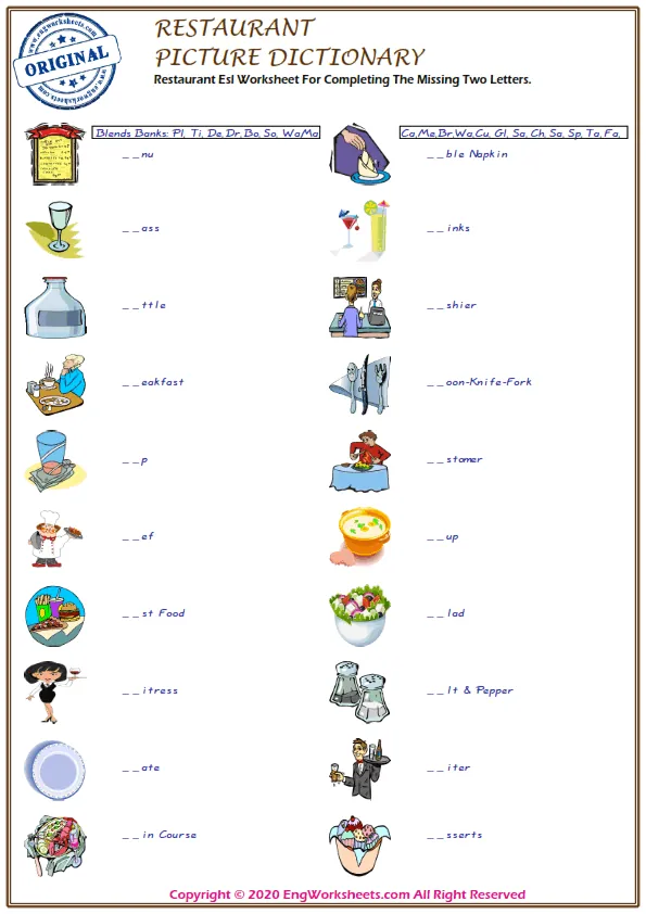 Restaurant Esl Worksheet For Completing The Missing Two Letters.