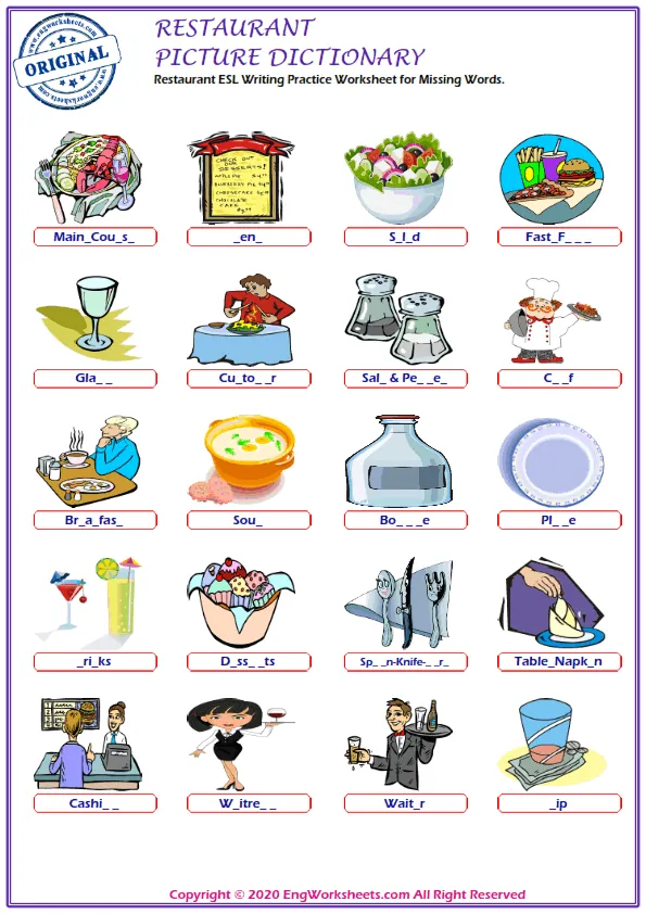 Restaurant ESL Writing Practice Worksheet for Missing Words.