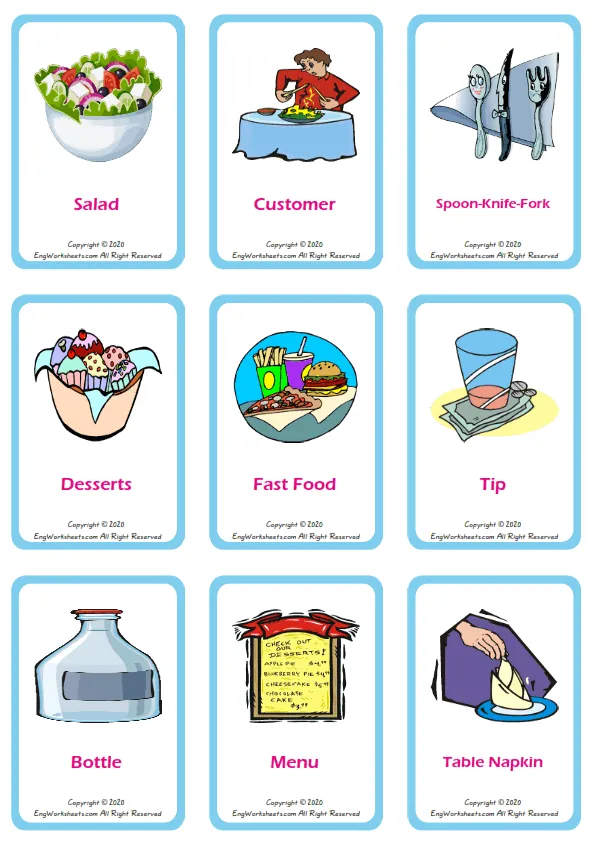 Restaurant vocabulary worksheet with words, nine images per page
