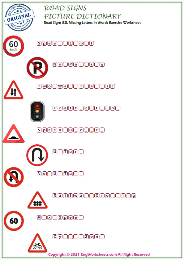 Road Signs ESL Missing Letters In Words Exercise Worksheet