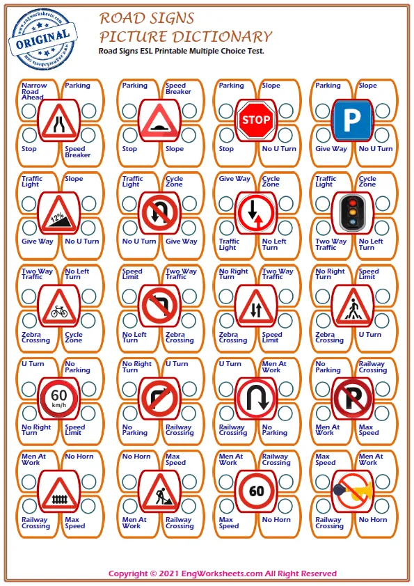 Road Signs ESL Printable Multiple Choice Test.