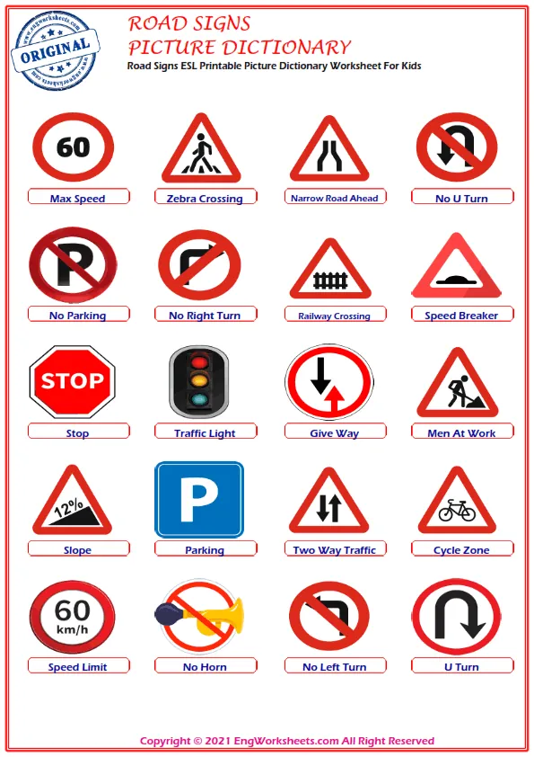 Road Signs ESL Printable Matching Exercise Worksheets For Kids