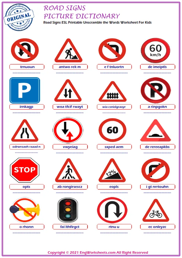 Road Signs ESL Printable Unscramble the Words Worksheet For Kids
