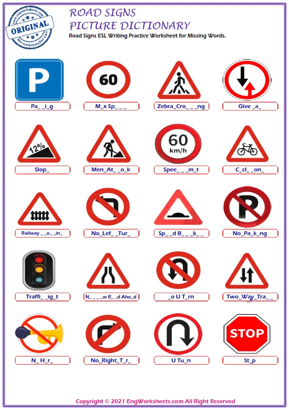 Road Signs ESL Writing Practice Worksheet for Missing Words.