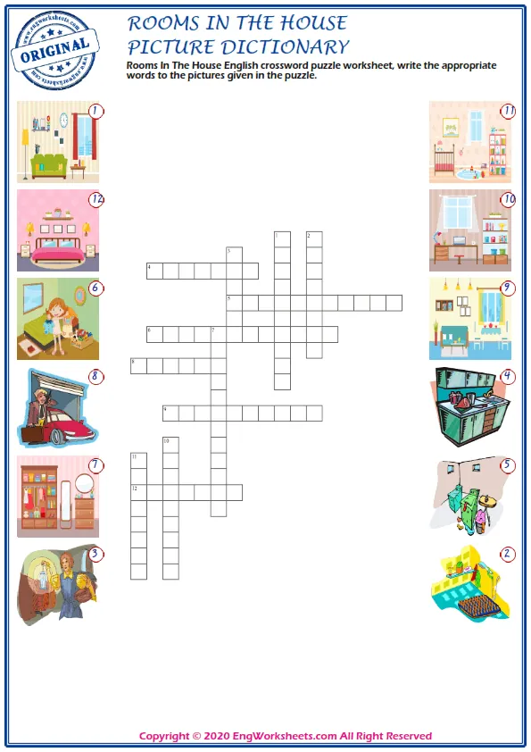 Rooms In The House English crossword puzzle worksheet, write the appropriate words to the pictures given in the puzzle. Worksheet Preview