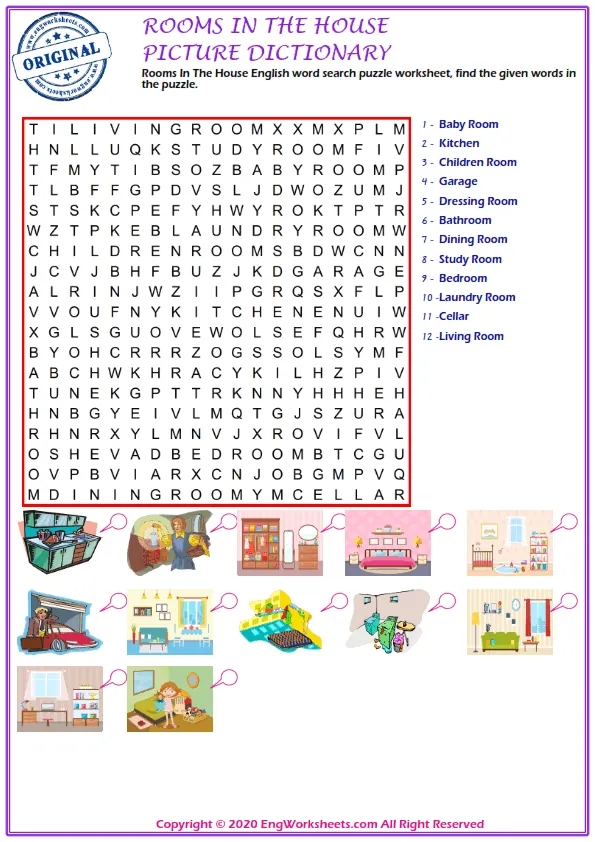 Rooms In The House English word search puzzle worksheet, find the given words in the puzzle.