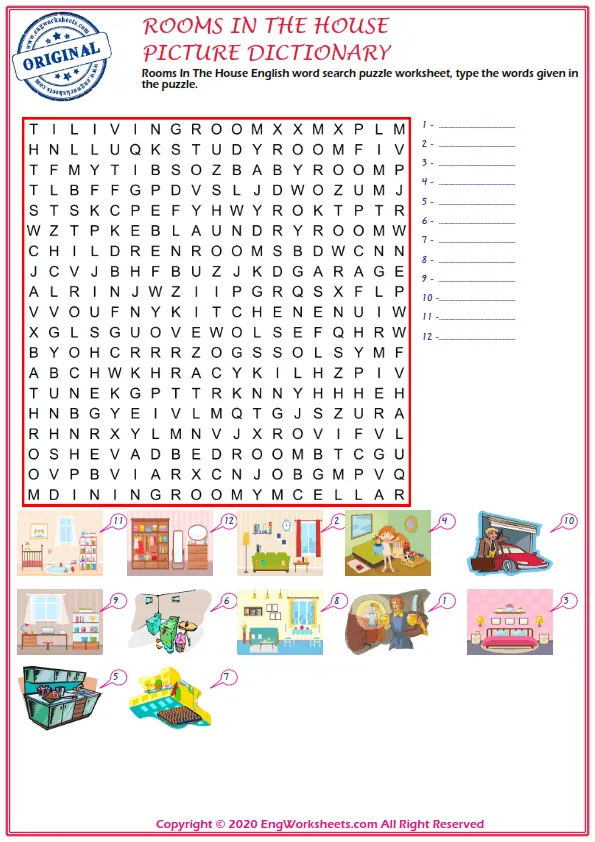 Rooms In The House English word search puzzle worksheet, type the words given in the puzzle.