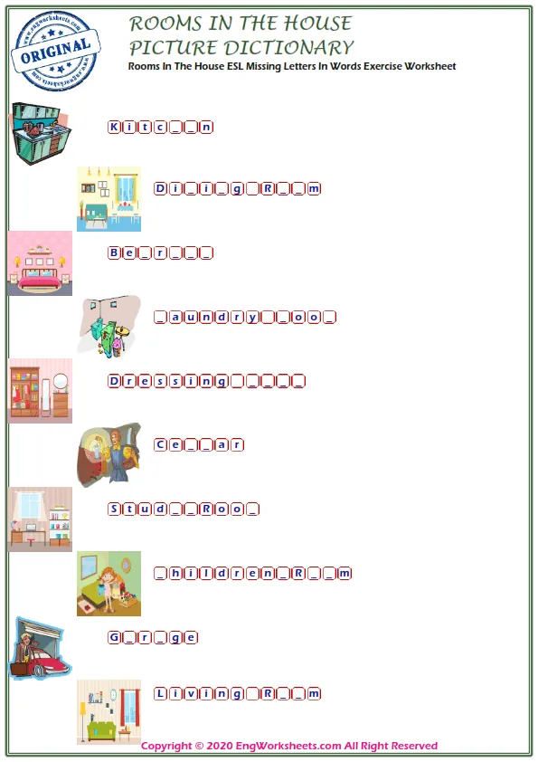 Rooms In The House ESL Missing Letters In Words Exercise Worksheet