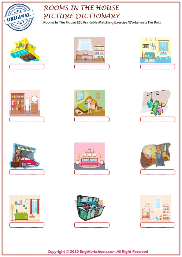 Rooms In The House ESL Printable Matching Exercise Worksheets For Kids
