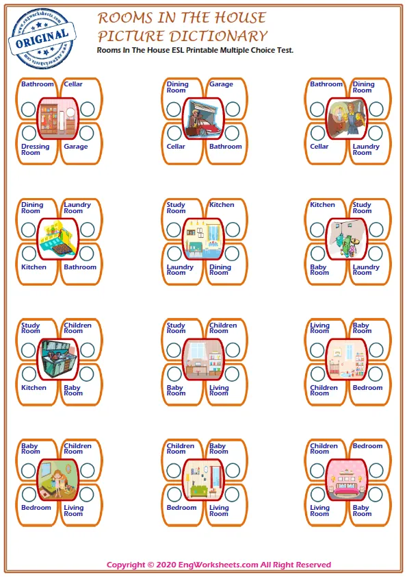 Rooms In The House ESL Printable Multiple Choice Test.