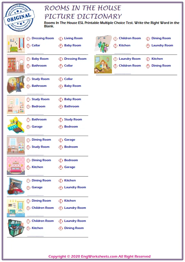 Rooms In The House ESL Printable Multiple Choice Test. Write the Right Word in the Blank.
