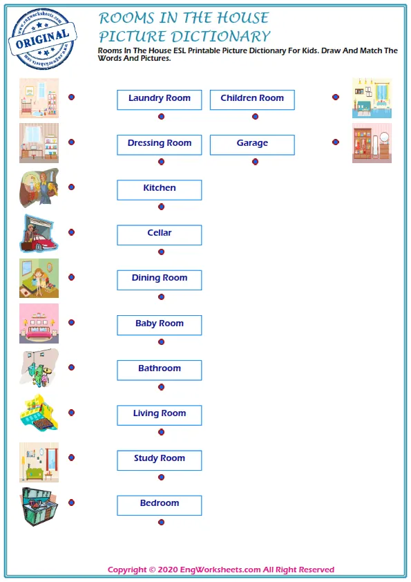 Rooms In The House ESL Printable Picture Dictionary For Kids. Draw And Match The Words And Pictures.