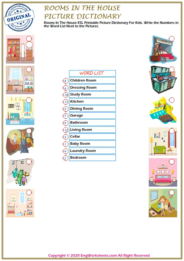 Rooms In The House ESL Printable Picture Dictionary For Kids. Write the Numbers in the Word List Next to the Pictures. Worksheet Preview