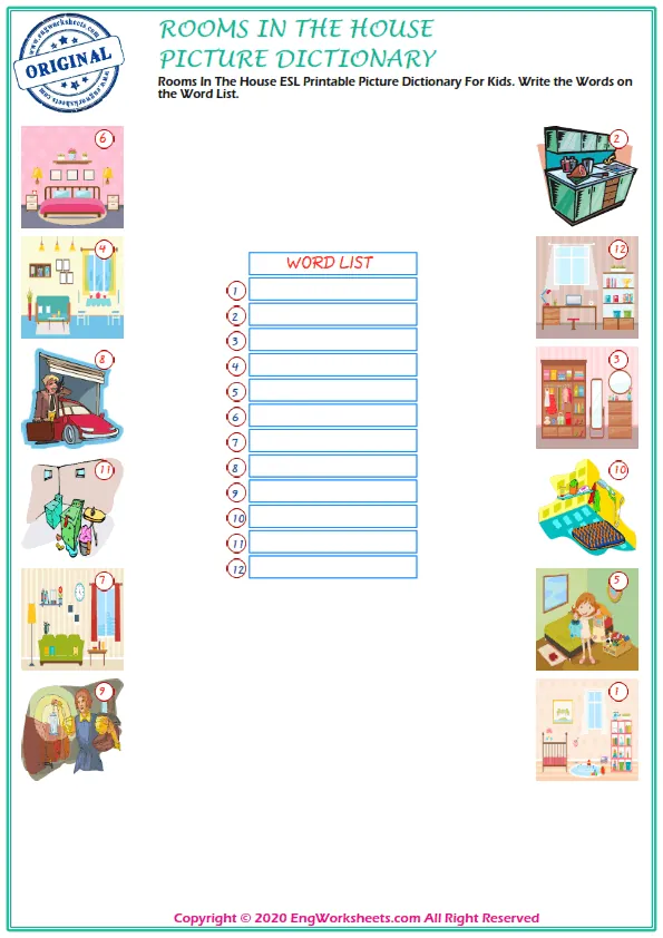 Rooms In The House ESL Printable Picture Dictionary For Kids. Write the Words on the Word List. Worksheet Preview