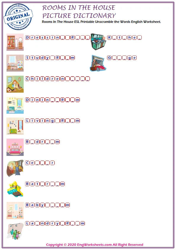 Rooms In The House ESL Printable Unscramble the Words English Worksheet.