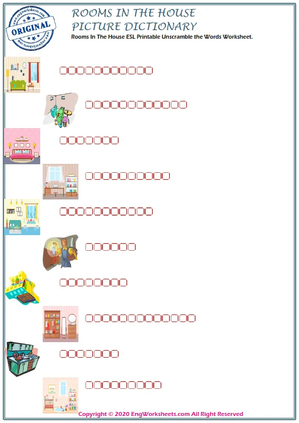 Rooms In The House ESL Printable Unscramble the Words Worksheet. Worksheet Preview