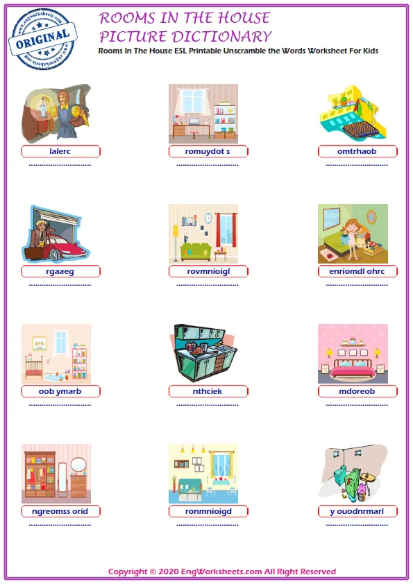 Rooms In The House ESL Printable Unscramble the Words Worksheet For Kids