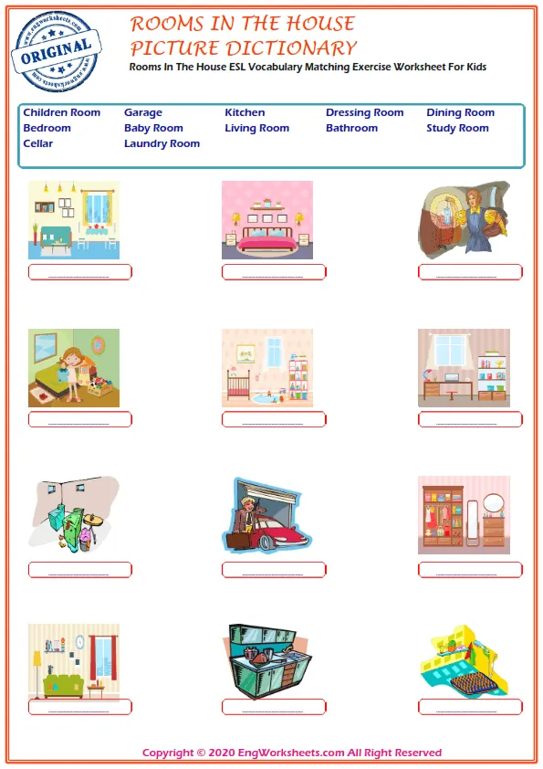 Rooms In The House ESL Vocabulary Matching Exercise Worksheet For Kids Worksheet Preview