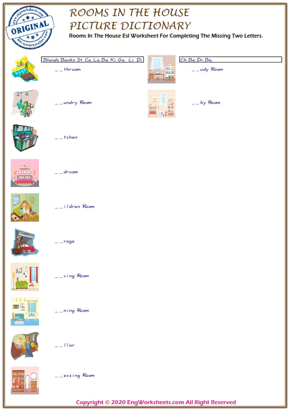 Rooms In The House Esl Worksheet For Completing The Missing Two Letters.