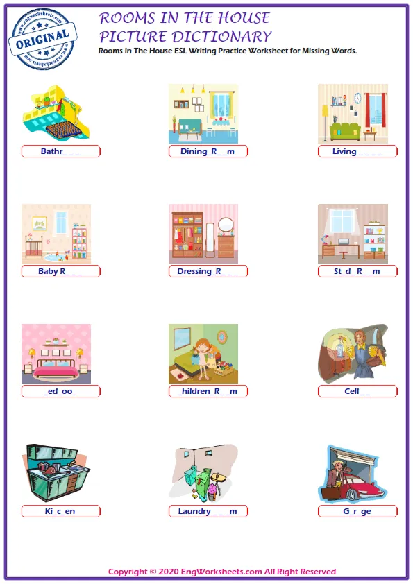 Rooms In The House ESL Writing Practice Worksheet for Missing Words. Worksheet Preview