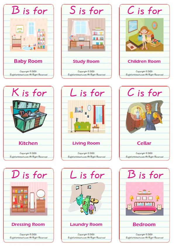 Rooms In The House vocabulary worksheet with words, nine images per page