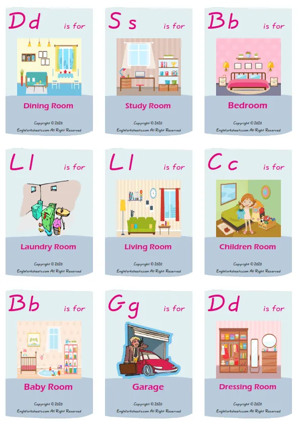 Rooms In The House vocabulary worksheet with words, nine images per page