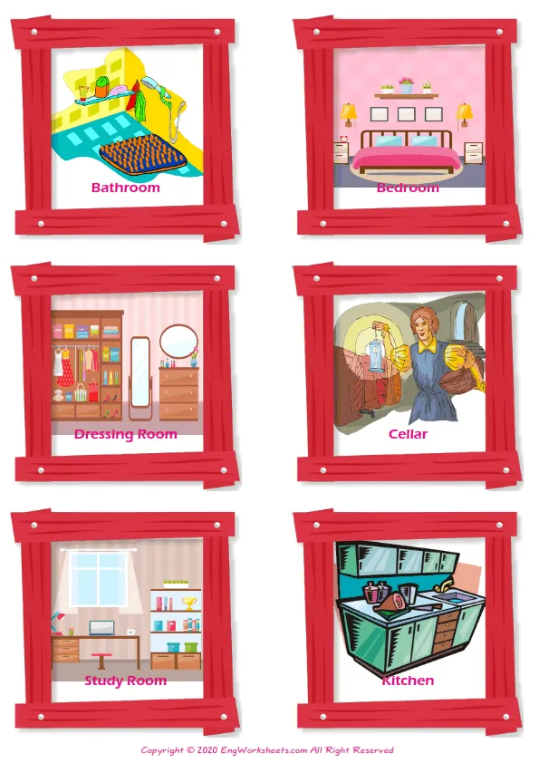 Rooms In The House vocabulary worksheet with words, six images per page