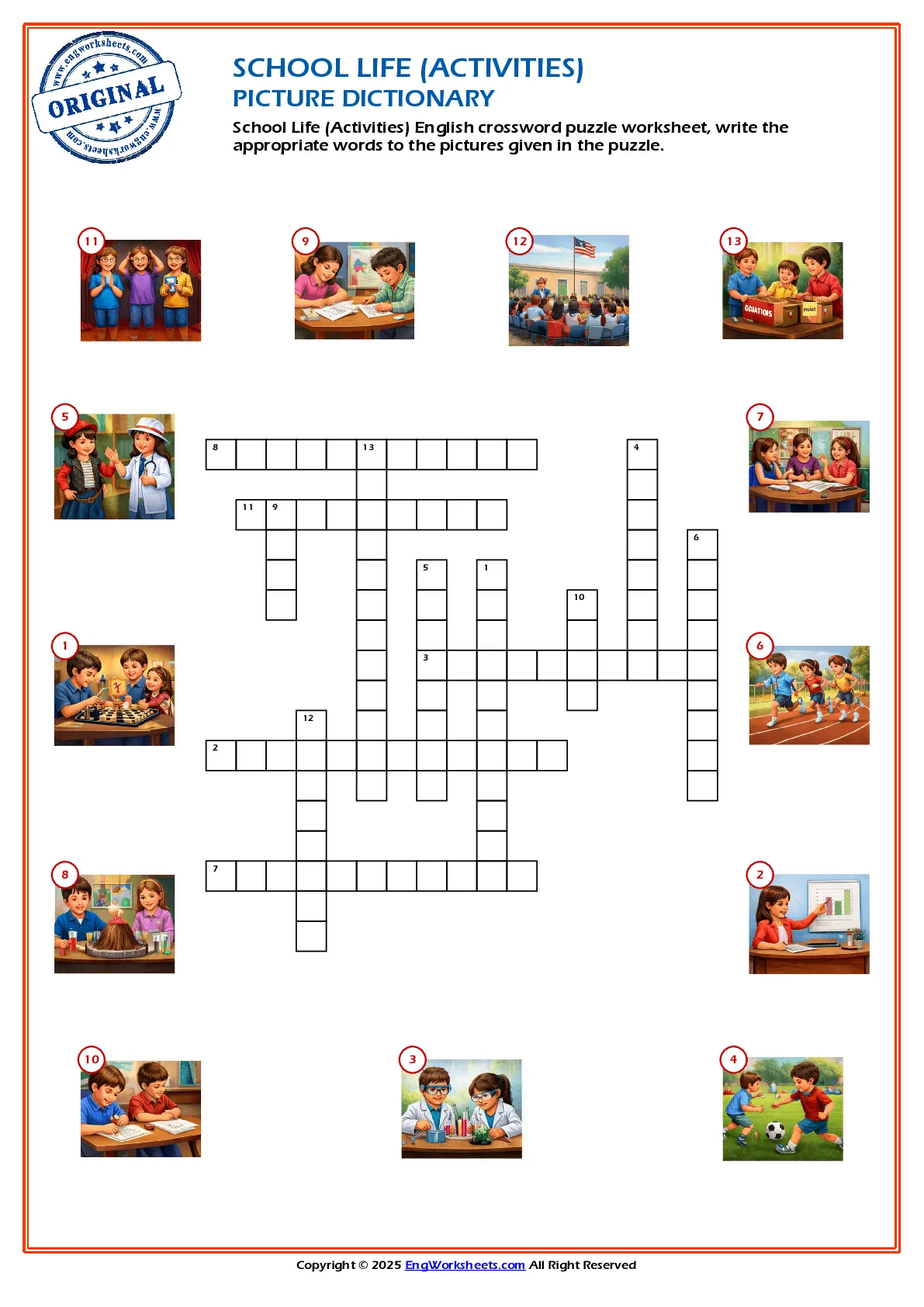 School Life (Activities) English crossword puzzle worksheet, write the appropriate words to the pictures given in the puzzle. Worksheet Preview